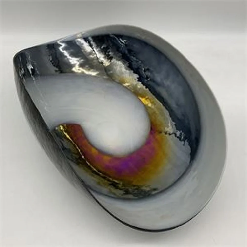 Murano Italy Art Glass Bowl Iridescent Swirl Centerpiece Blue Black Gold Wave